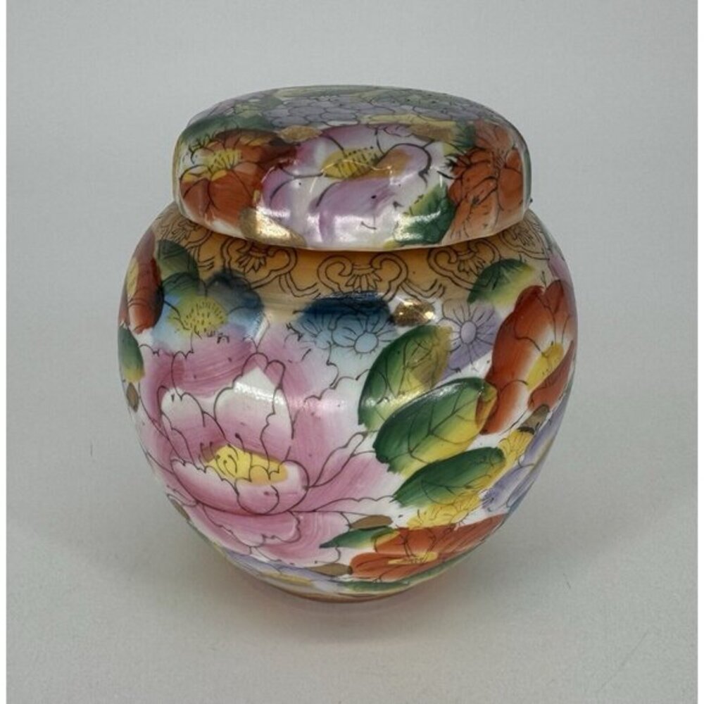 Vintage Chinese Porcelain Ginger Jar Mille Fleur Hand Painted Floral Gold Gilt